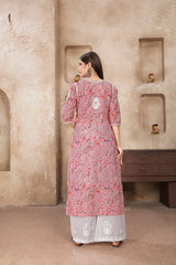 Pink Cotton Digital Printed Chikankari  Kurti With Pant