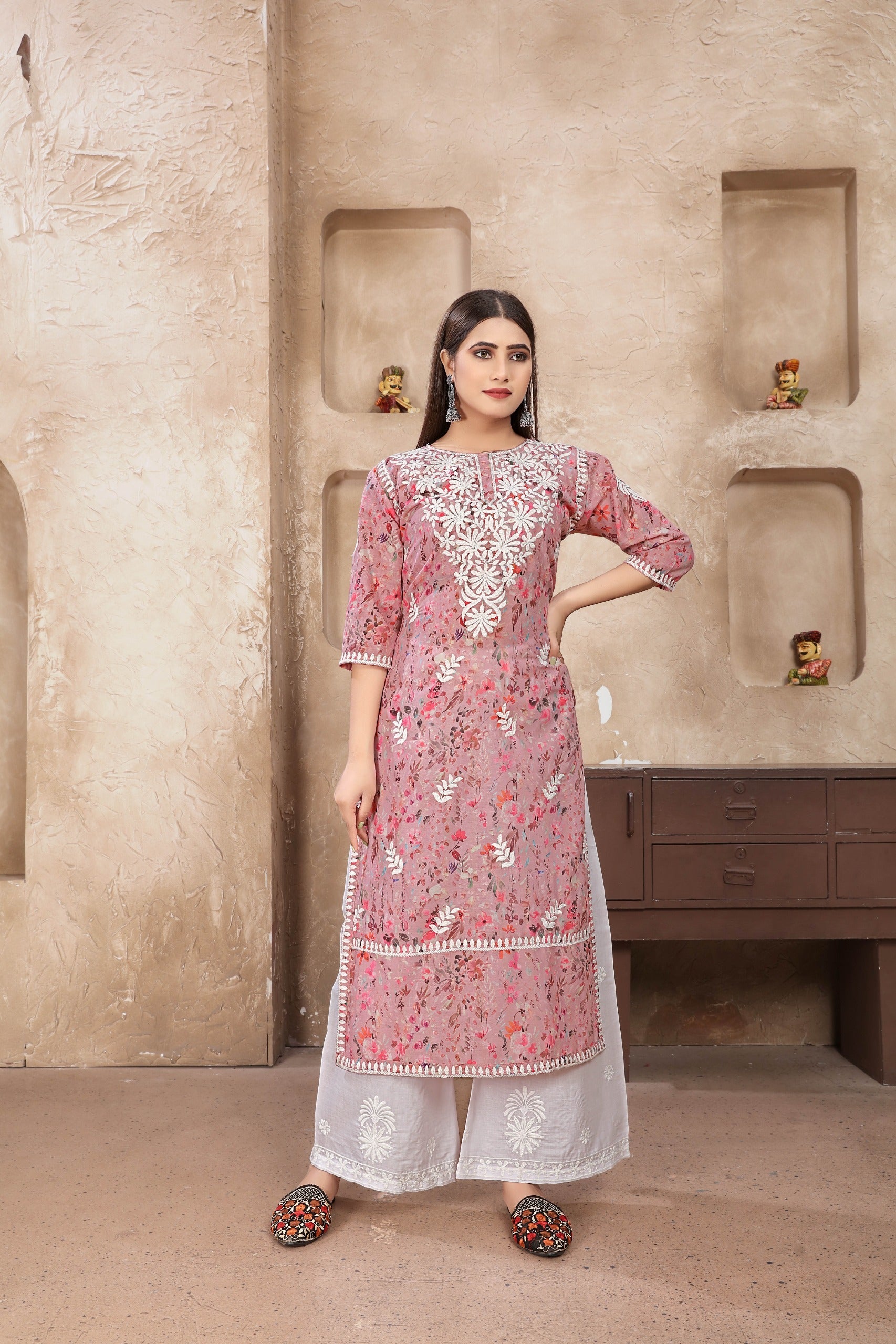 Pink Cotton Digital Printed Chikankari  Kurti With Pant