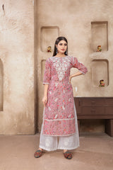 Pink Colored Cotton Digital Printed Chikankari  Long Kurti With Pant