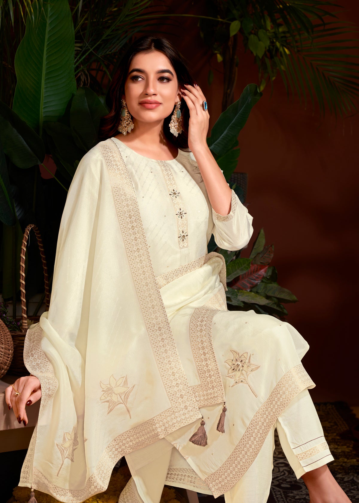 Cream Colored Viscose Jacquard Hand Work Salwar Suit With Pant Dupatta