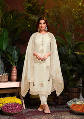 Cream Colored Viscose Jacquard Hand Work Salwar Suit With Pant Dupatta