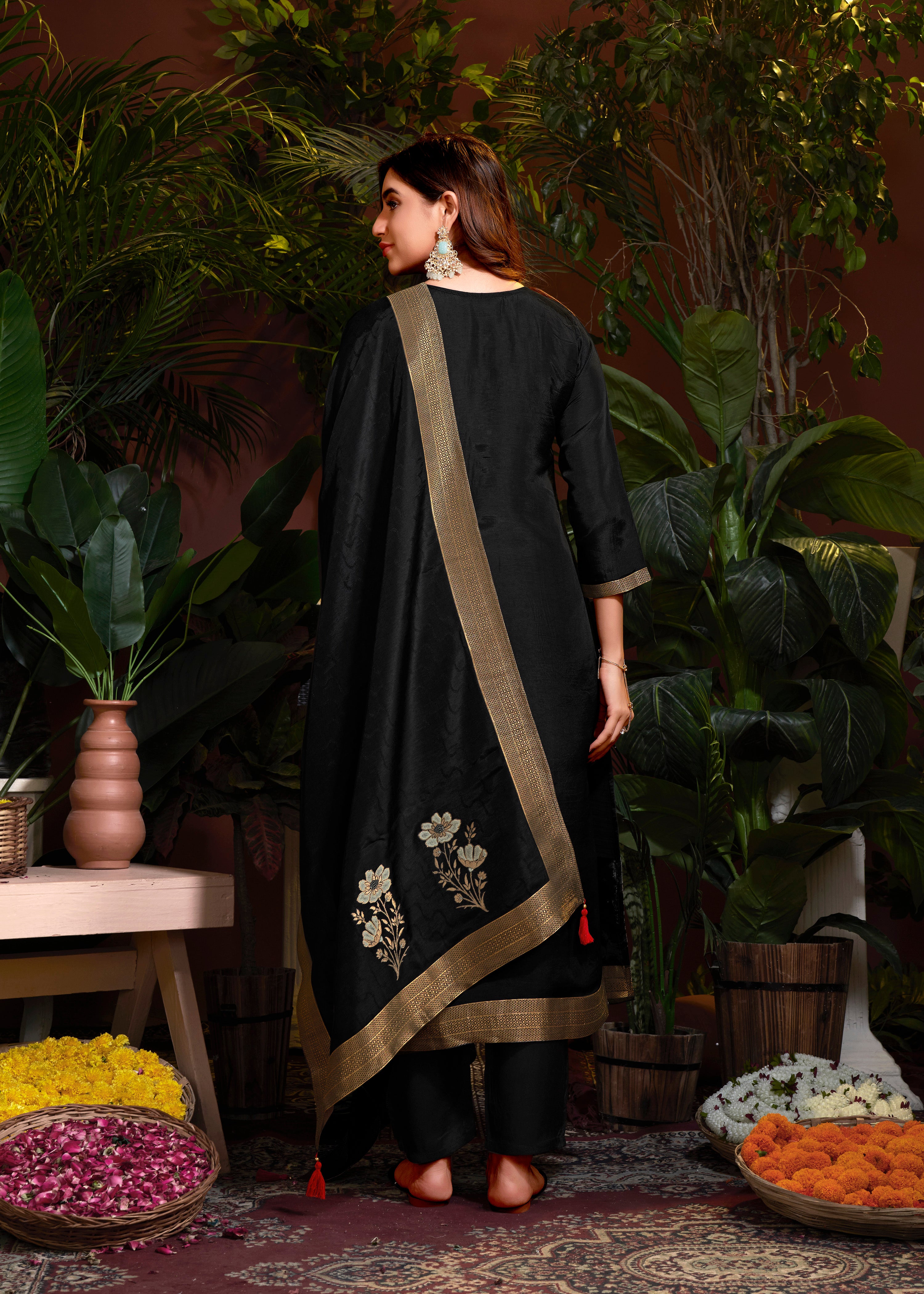 Black Colored Viscose Jacquard Hand Work  Salwar Suit With Pant Dupatta