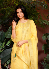 Yellow Colored Viscose Jacquard Hand Work  Salwar Suit With Pant Dupatta