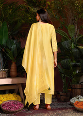 Yellow Viscose Jacquard Hand Salwar Suit With Pant Dupatta