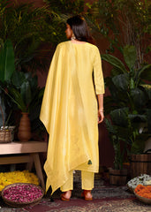 Yellow Colored Viscose Jacquard Hand Work  Salwar Suit With Pant Dupatta