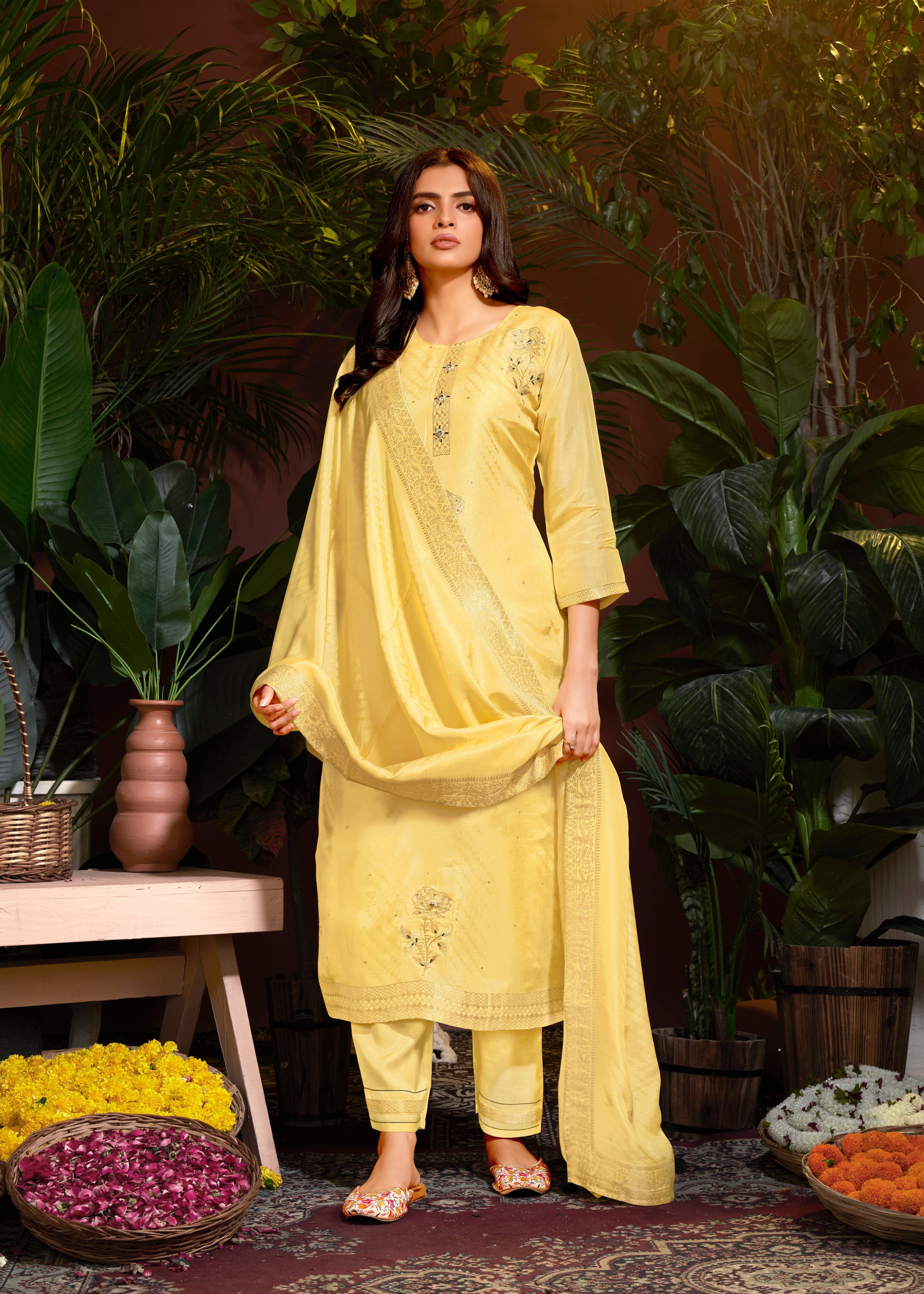 Yellow Viscose Jacquard Hand Salwar Suit With Pant Dupatta