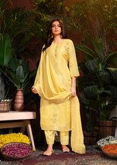 Yellow Colored Viscose Jacquard Hand Work  Salwar Suit With Pant Dupatta