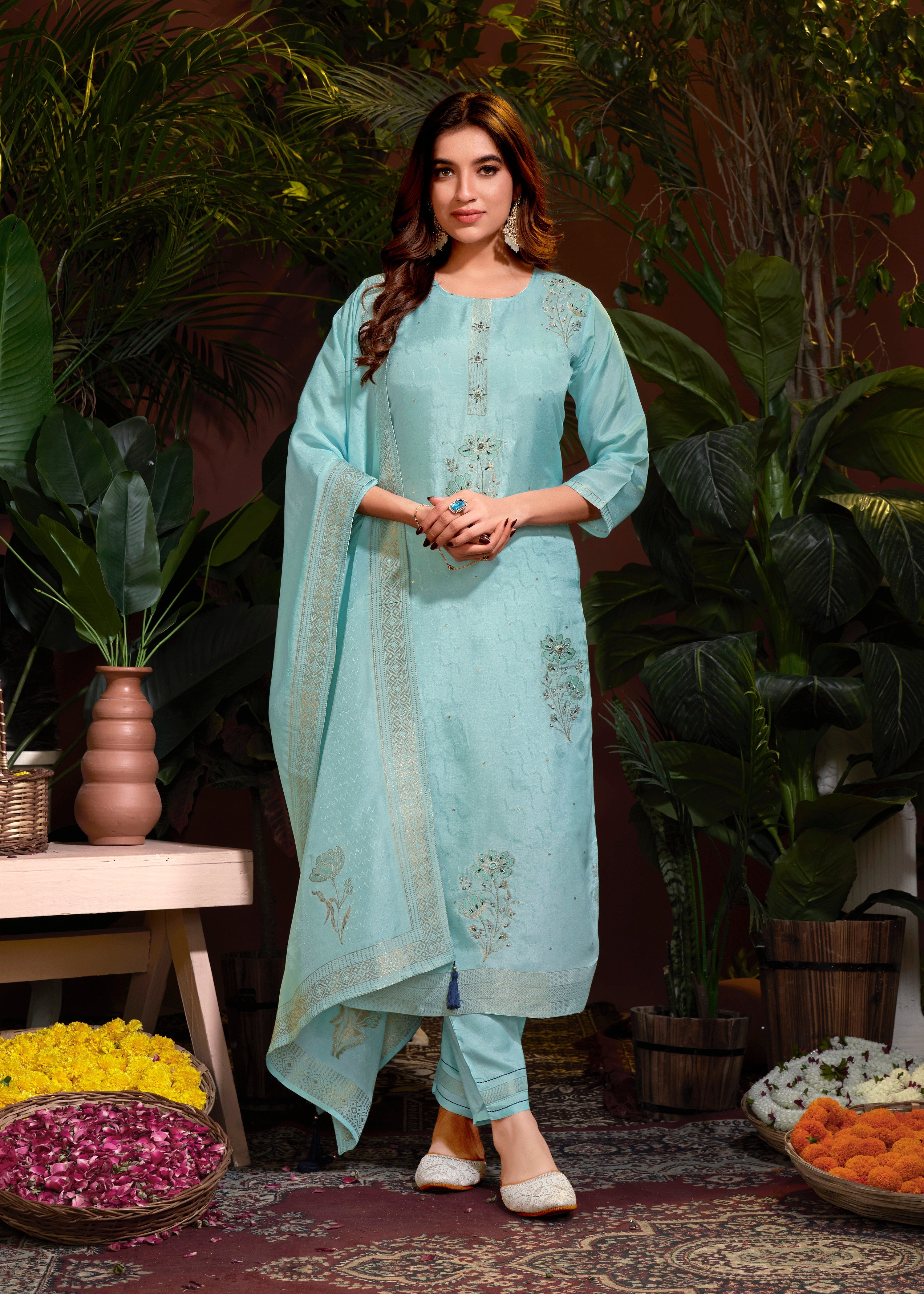 Sky Blue Viscose Jacquard Hand Salwar Suit With Pant Dupatta