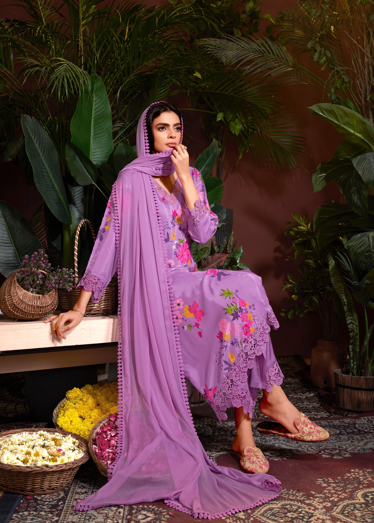 Mauve Colored Muslin Embroidery Lace Printed Salwar Suit With Pant Dupatta