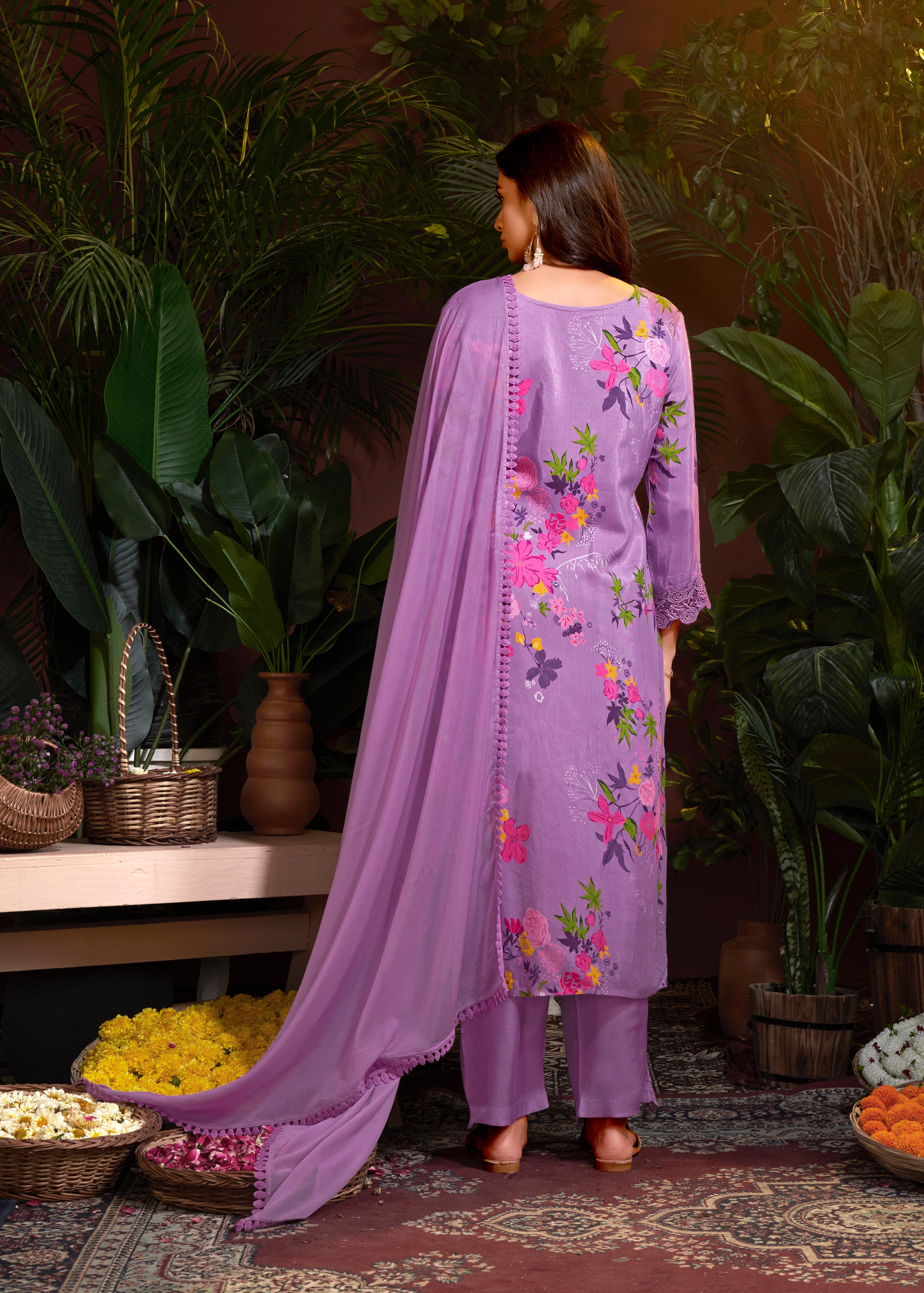 Mauve Colored Muslin Embroidery Lace Printed Salwar Suit With Pant Dupatta