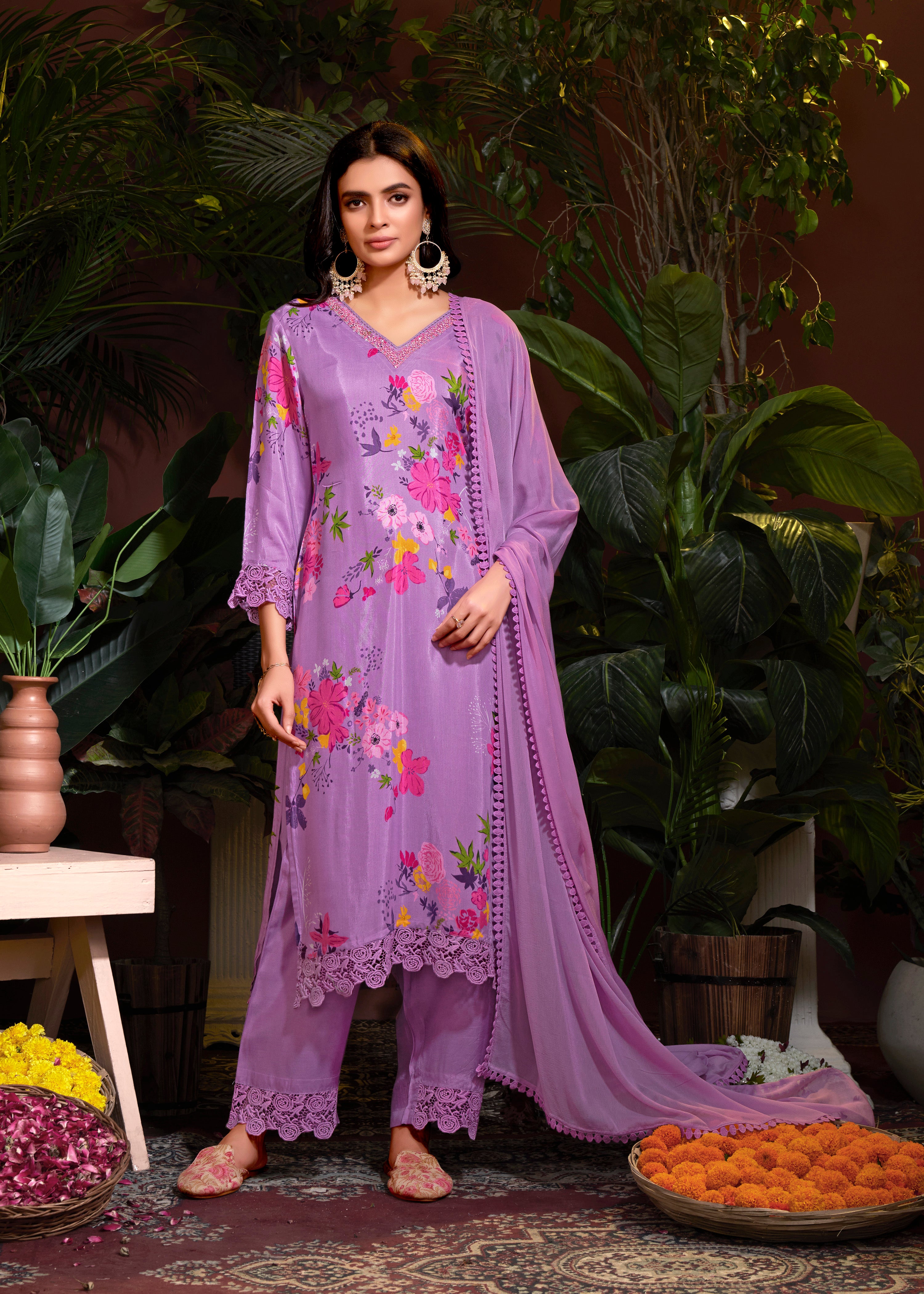 Mauve Colored Muslin Embroidery Lace Printed Salwar Suit With Pant Dupatta