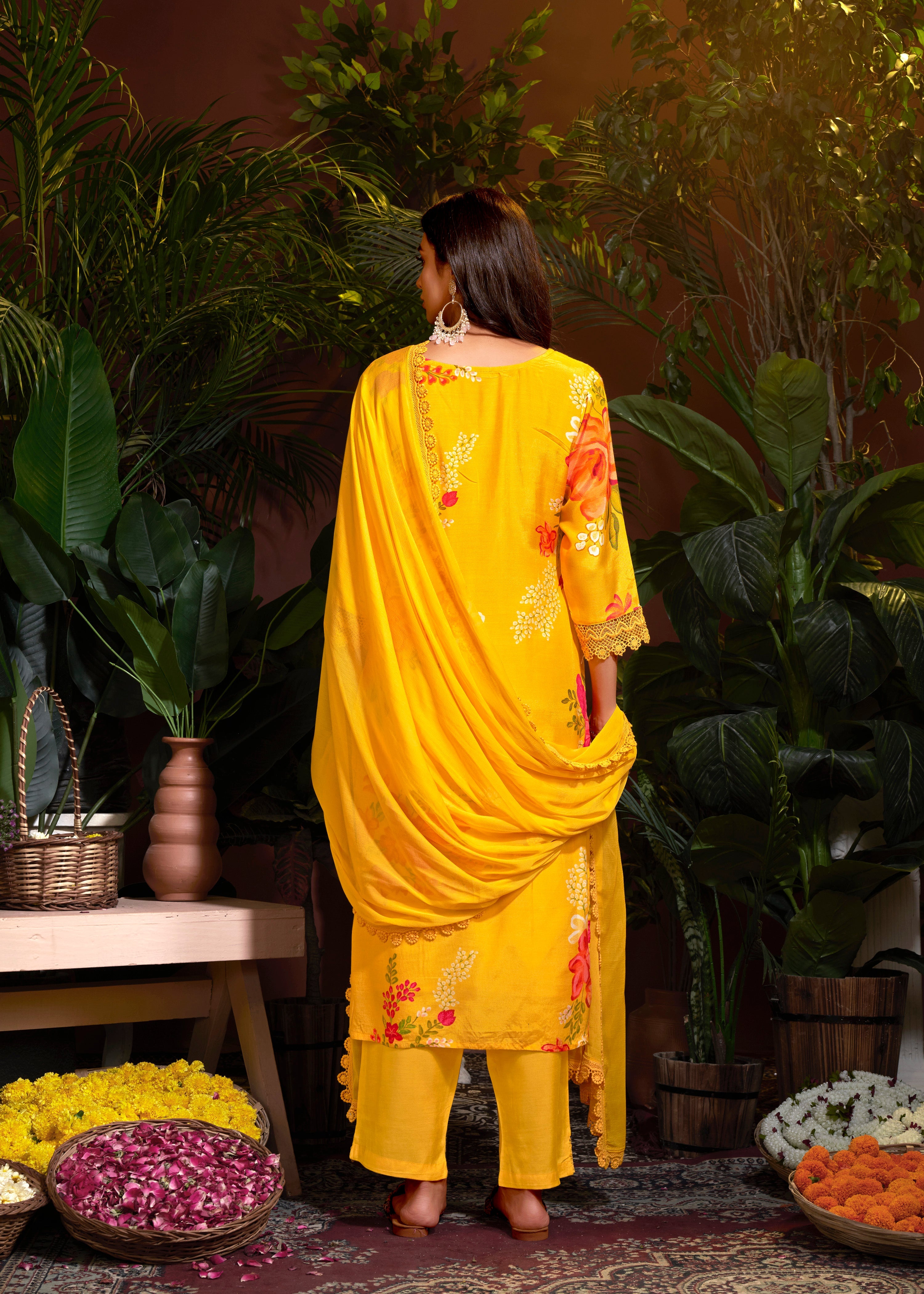 Yellow Muslin Embroidery Lace Printed Salwar Suit With Pant Dupatta