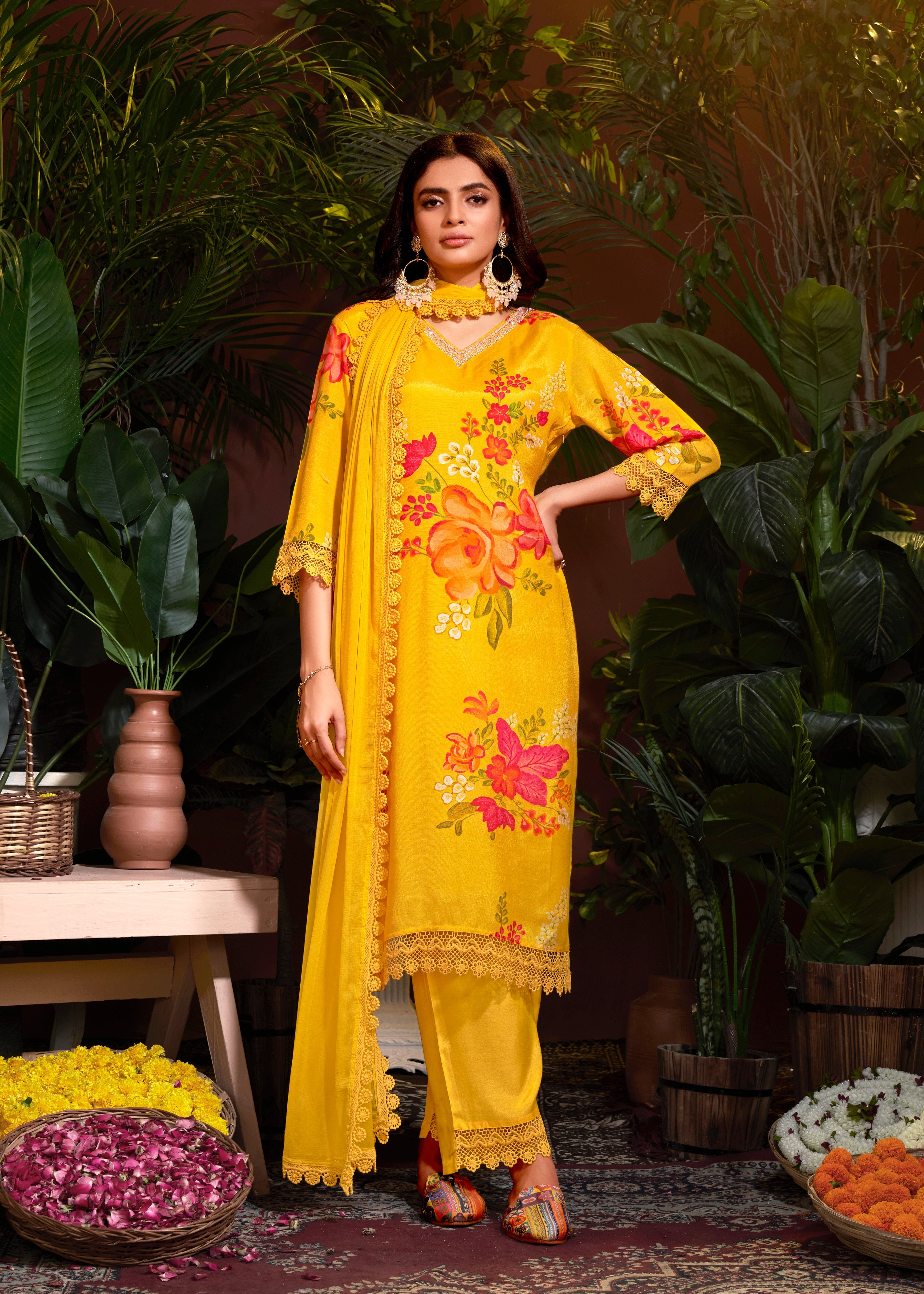 Yellow Muslin Embroidery Lace Printed Salwar Suit With Pant Dupatta