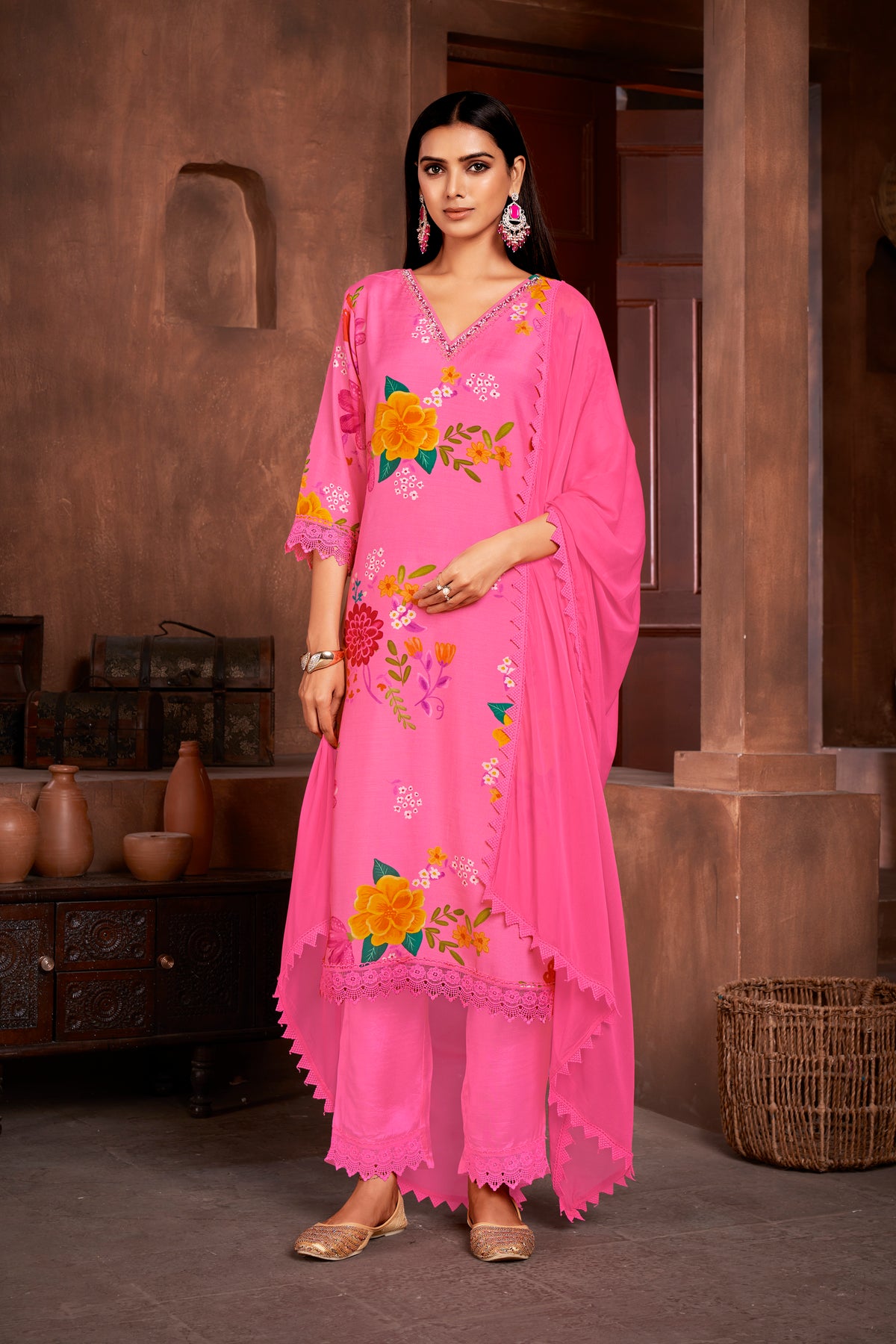 Pink Muslin Embroidery Lace Printed Salwar Suit With Pant Dupatta