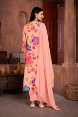 Peach Muslin Embroidery Lace Printed Salwar Suit With Pant Dupatta