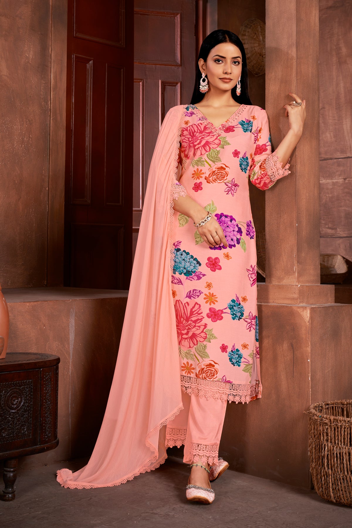 Peach Muslin Embroidery Lace Printed Salwar Suit With Pant Dupatta