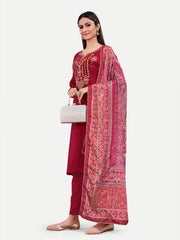 Maroon Stitched Upada Silk Embroidered Salwar Suit with Pant Printed Dupatta