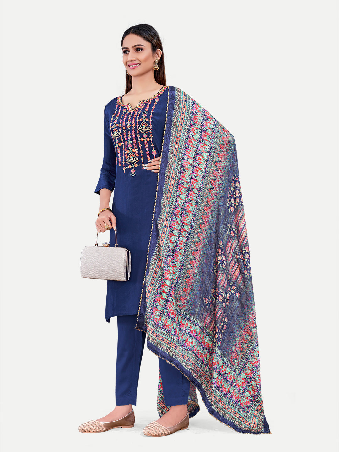 Navy Blue Stitched Upada Silk Embroidered Salwar Suit with Pant Printed Dupatta