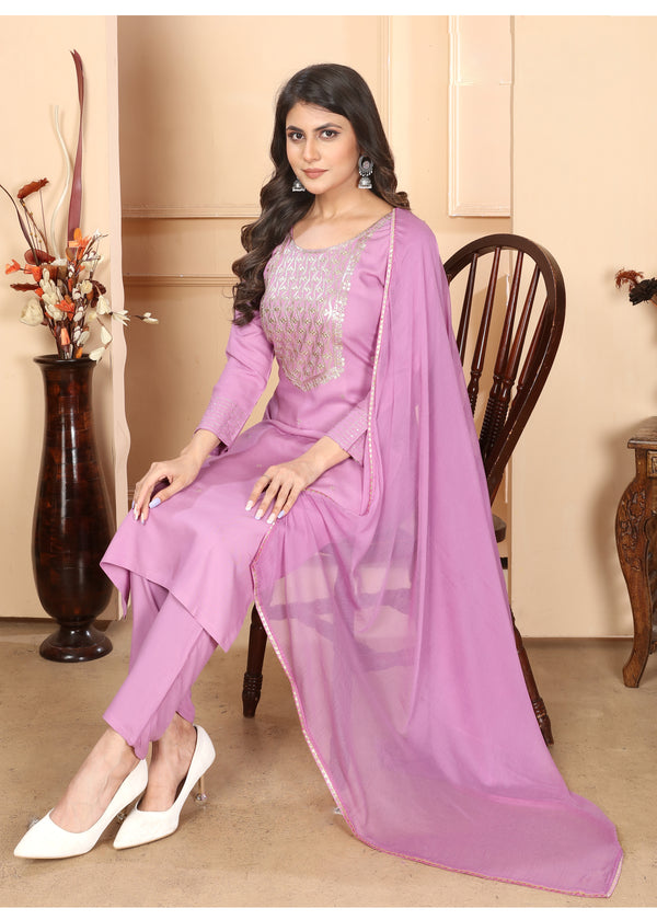 Purple Colored Rayon Sequance Embroidery Work Salwar Suit With Pant Dupatta