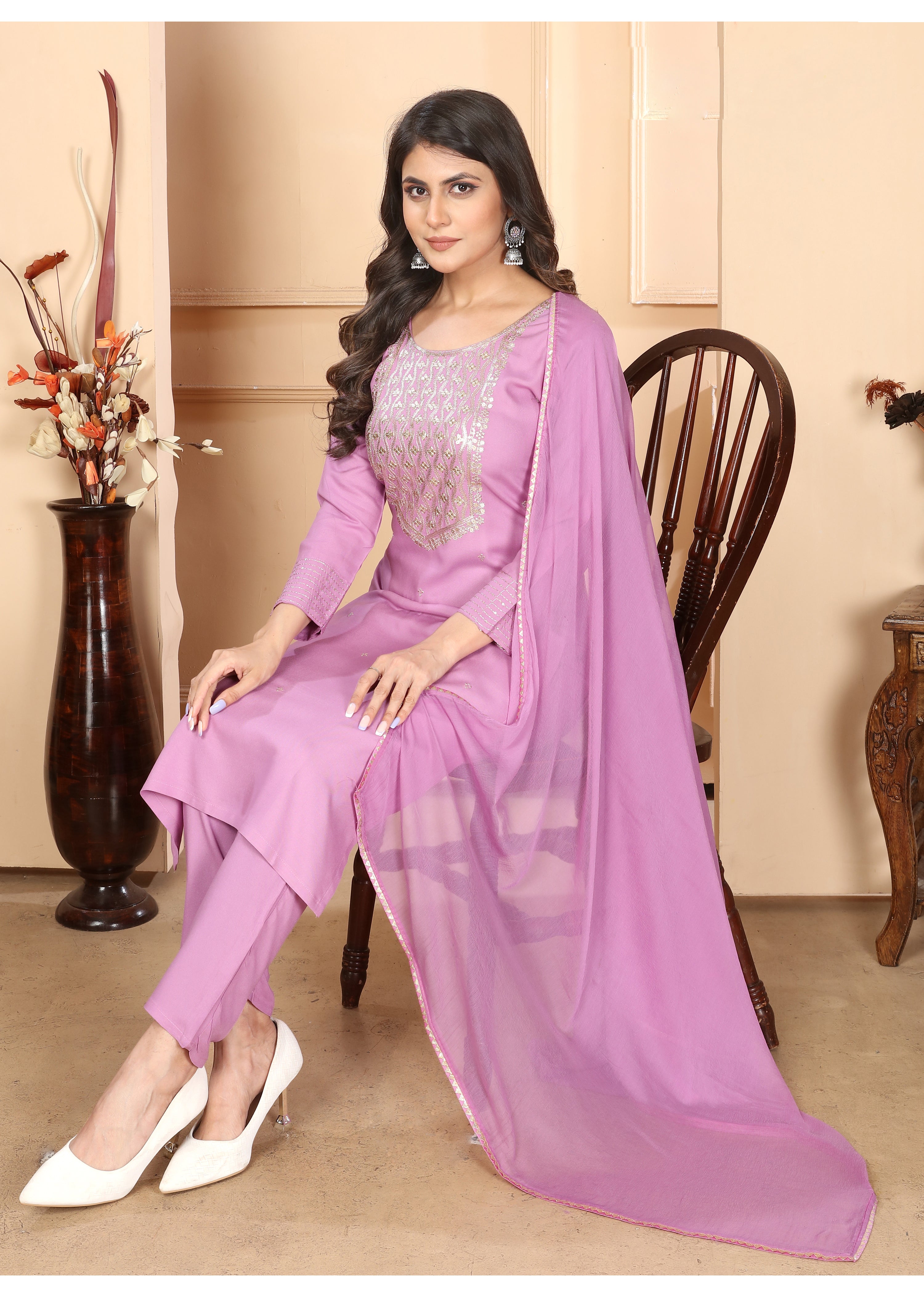 Purple Rayon Sequance Embroidery Salwar Suit With Pant Dupatta