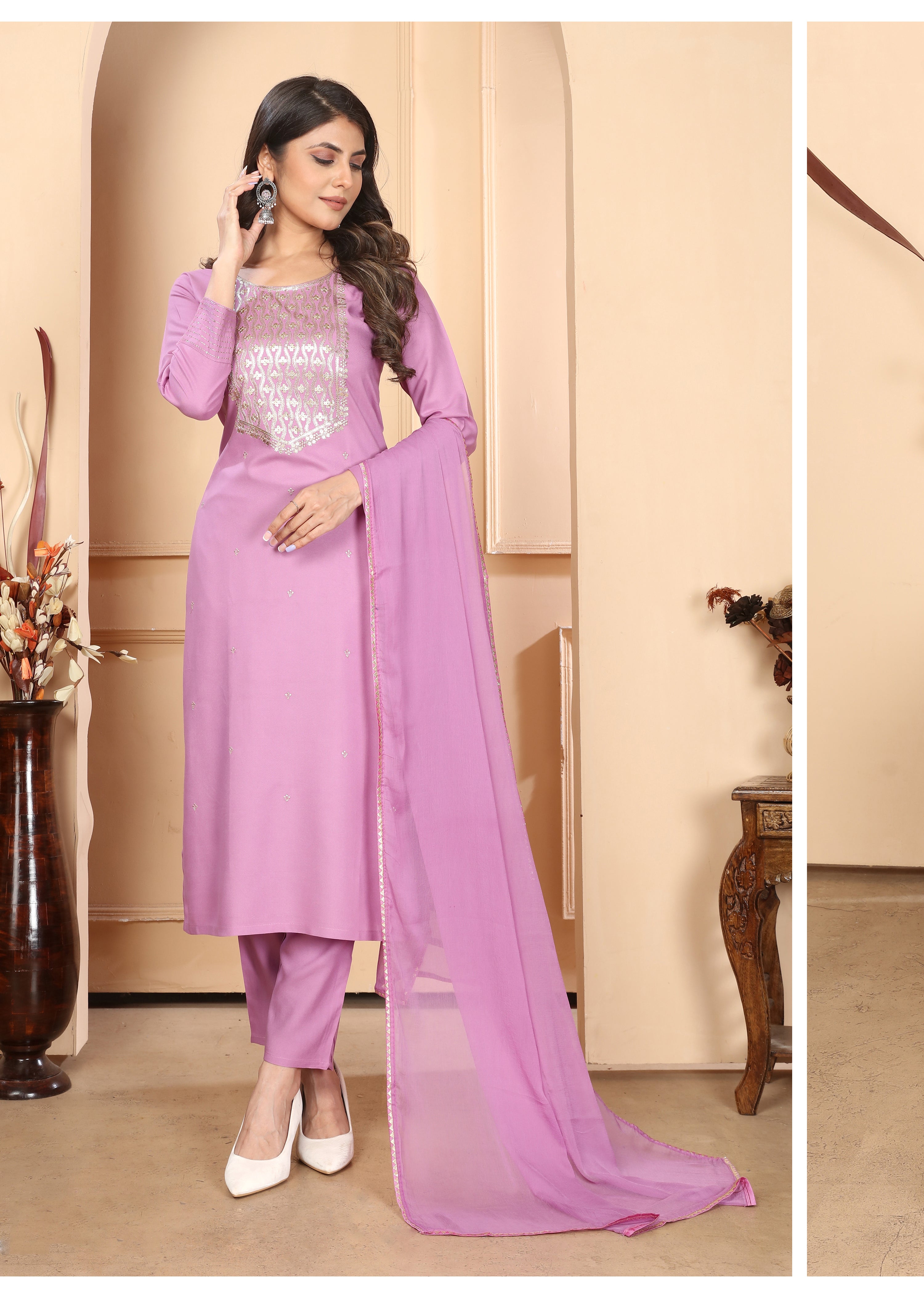 Purple Rayon Sequance Embroidery Salwar Suit With Pant Dupatta