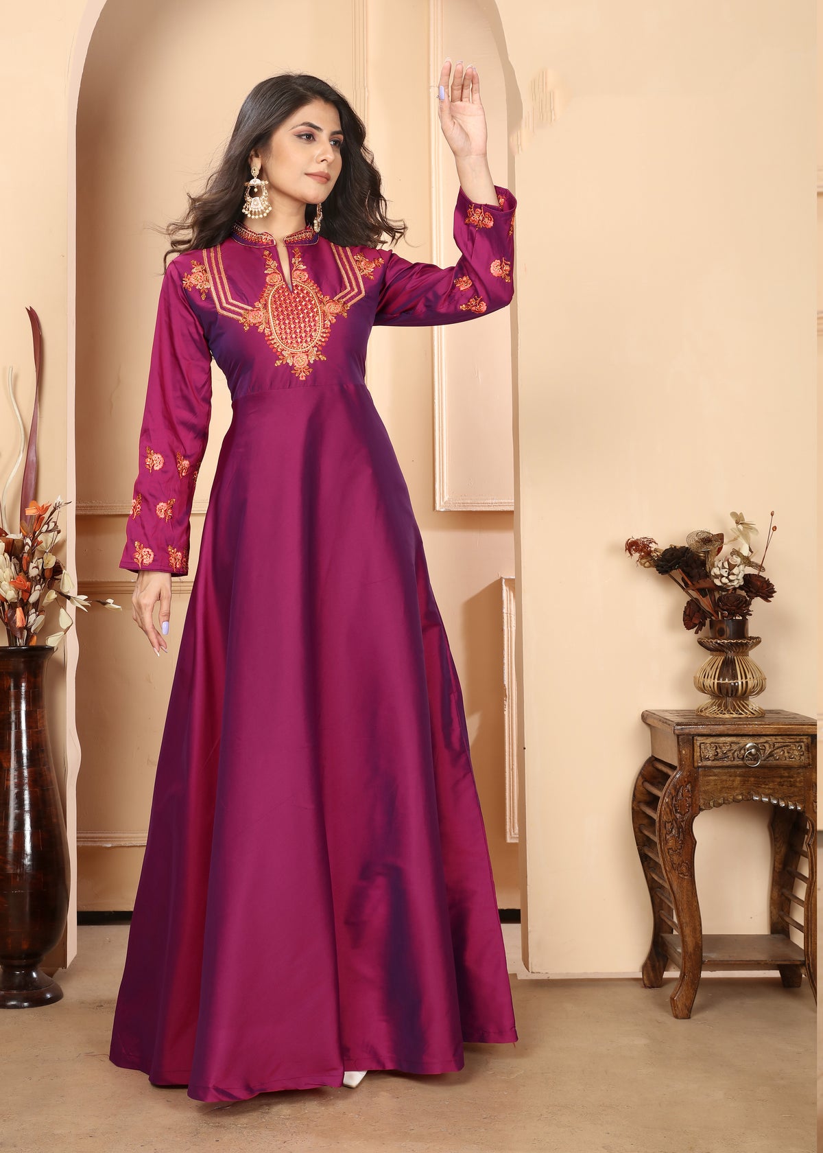 Purple Silk Embroidery Ready to Wear Gown