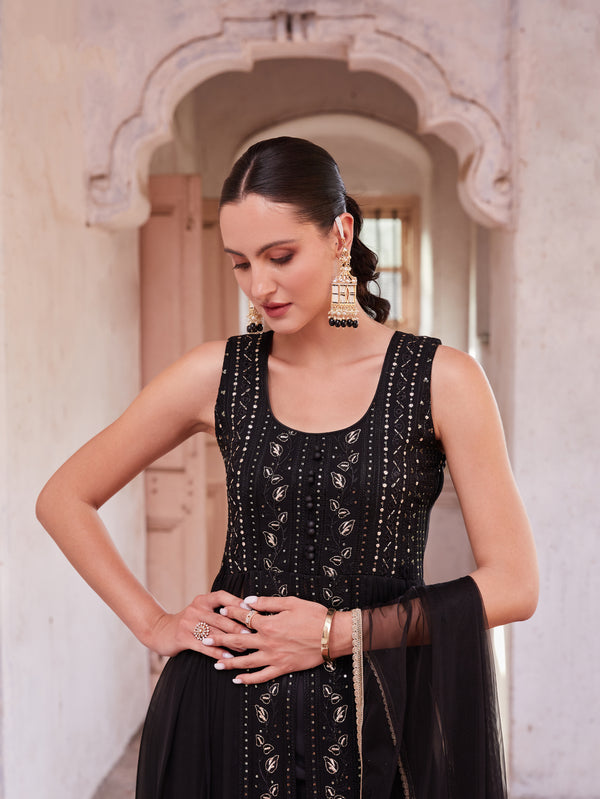 Black Colored Georgette Thread Sequins Flared Anarakali Gown