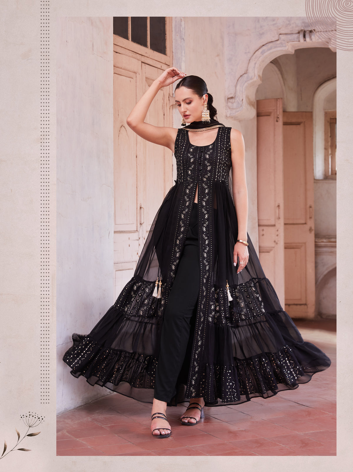 Black Colored Georgette Thread Sequins Flared Anarakali Gown