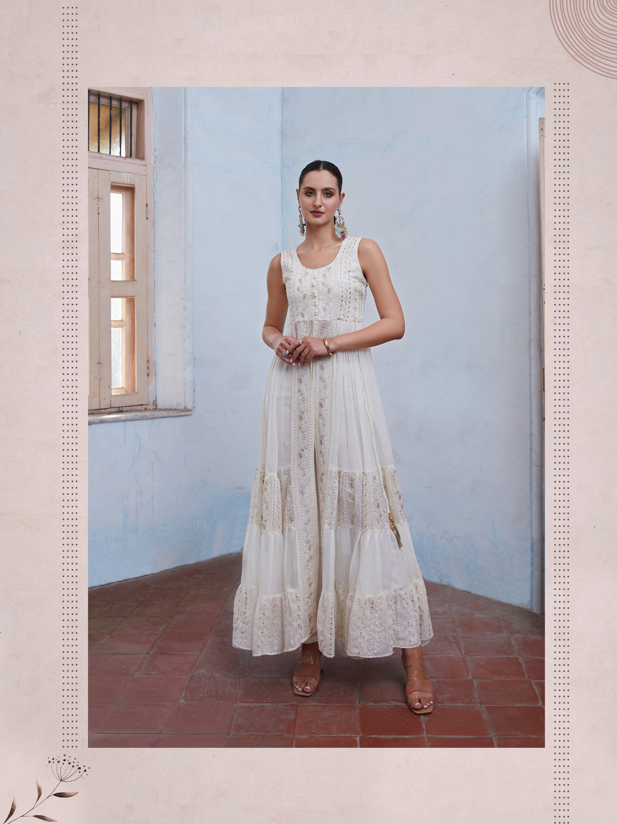 Off White Georgette Thread Sequins Flared Anarakali Gown