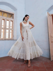 Off White Georgette Thread Sequins Flared Anarakali Gown