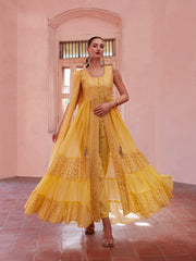 Yellow Colored Georgette Thread Sequins Flared Anarakali Gown