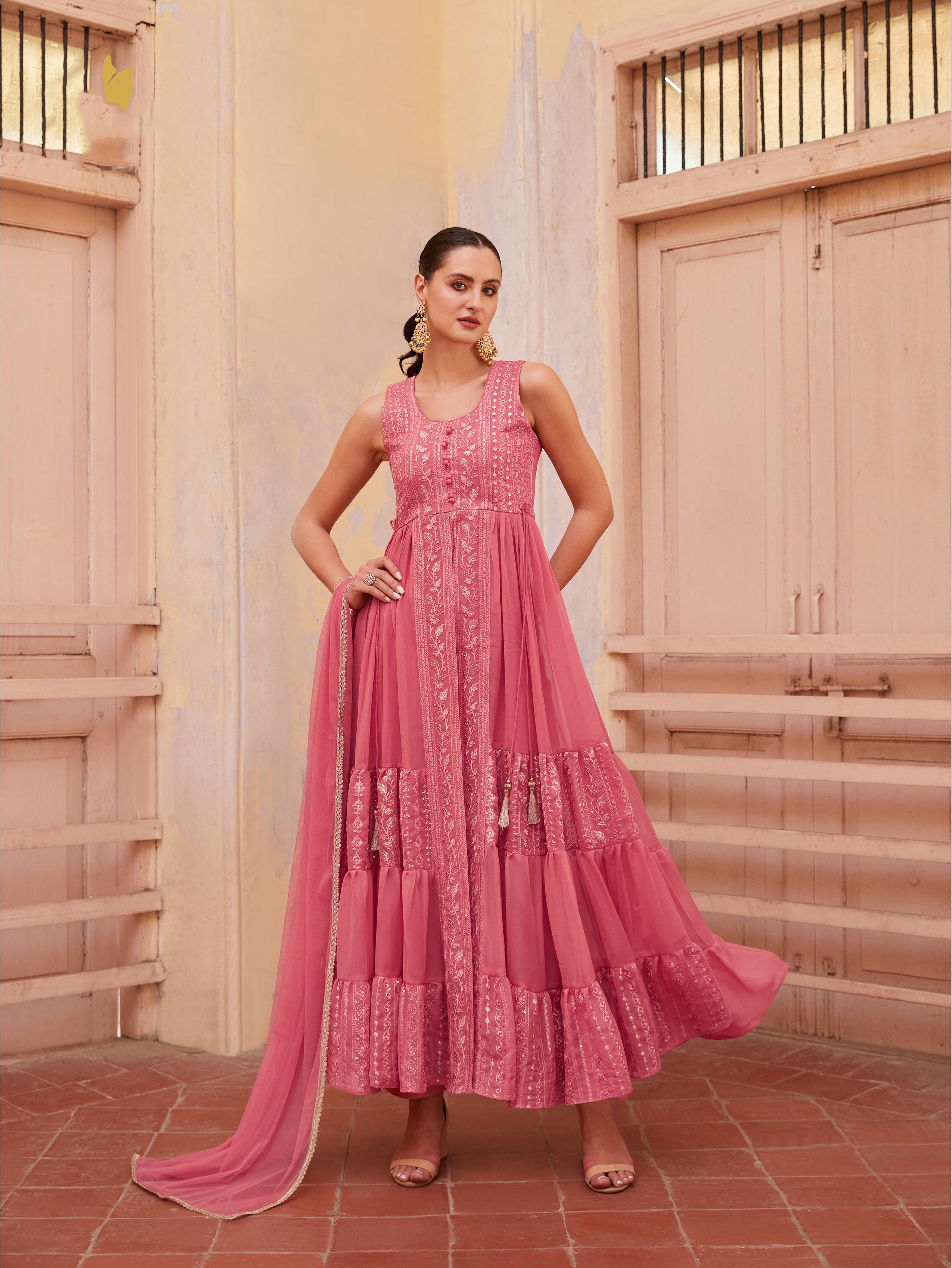 Peach Pink Georgette Thread Sequins Flared Anarakali Gown