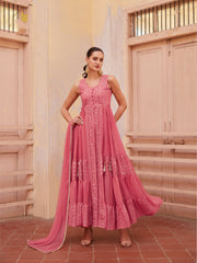 Peach Pink Georgette Thread Sequins Flared Anarakali Gown