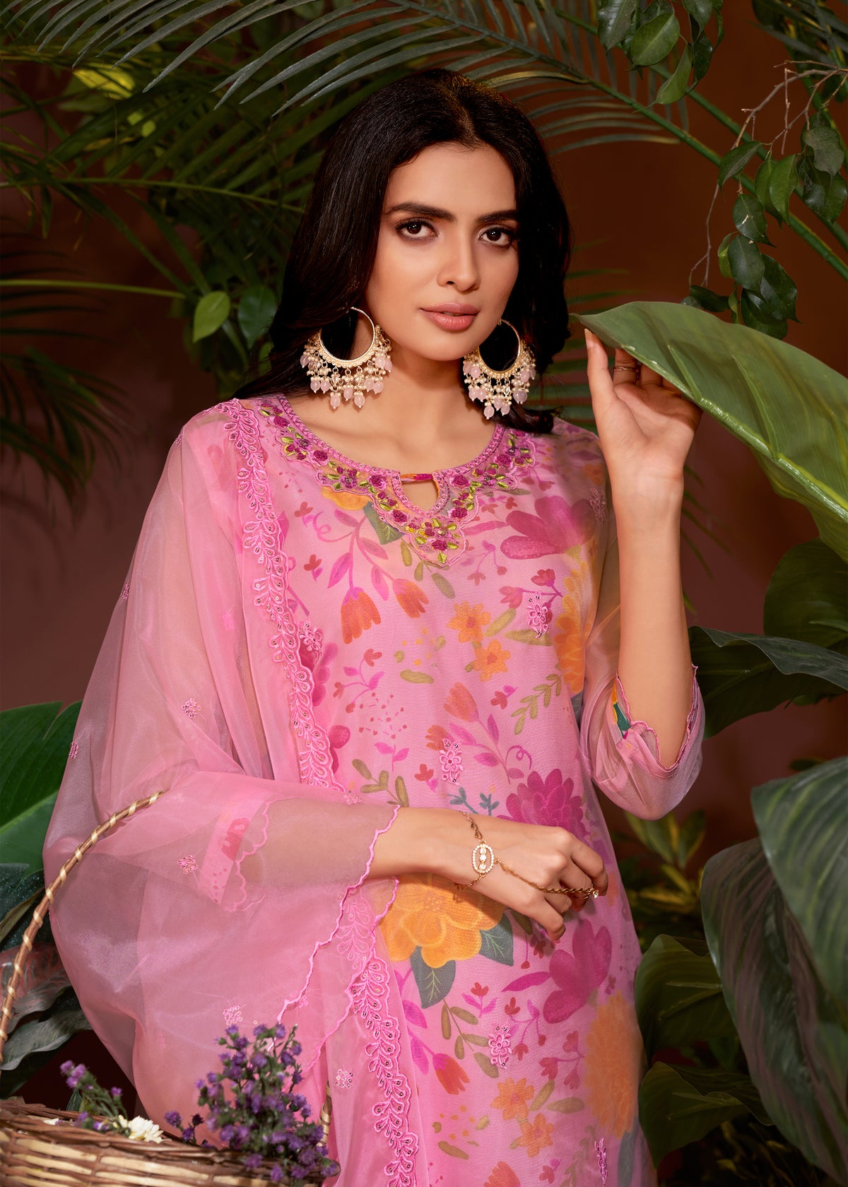 Pink Organza Digital Print Hand Salwar Suit With Pant Dupatta