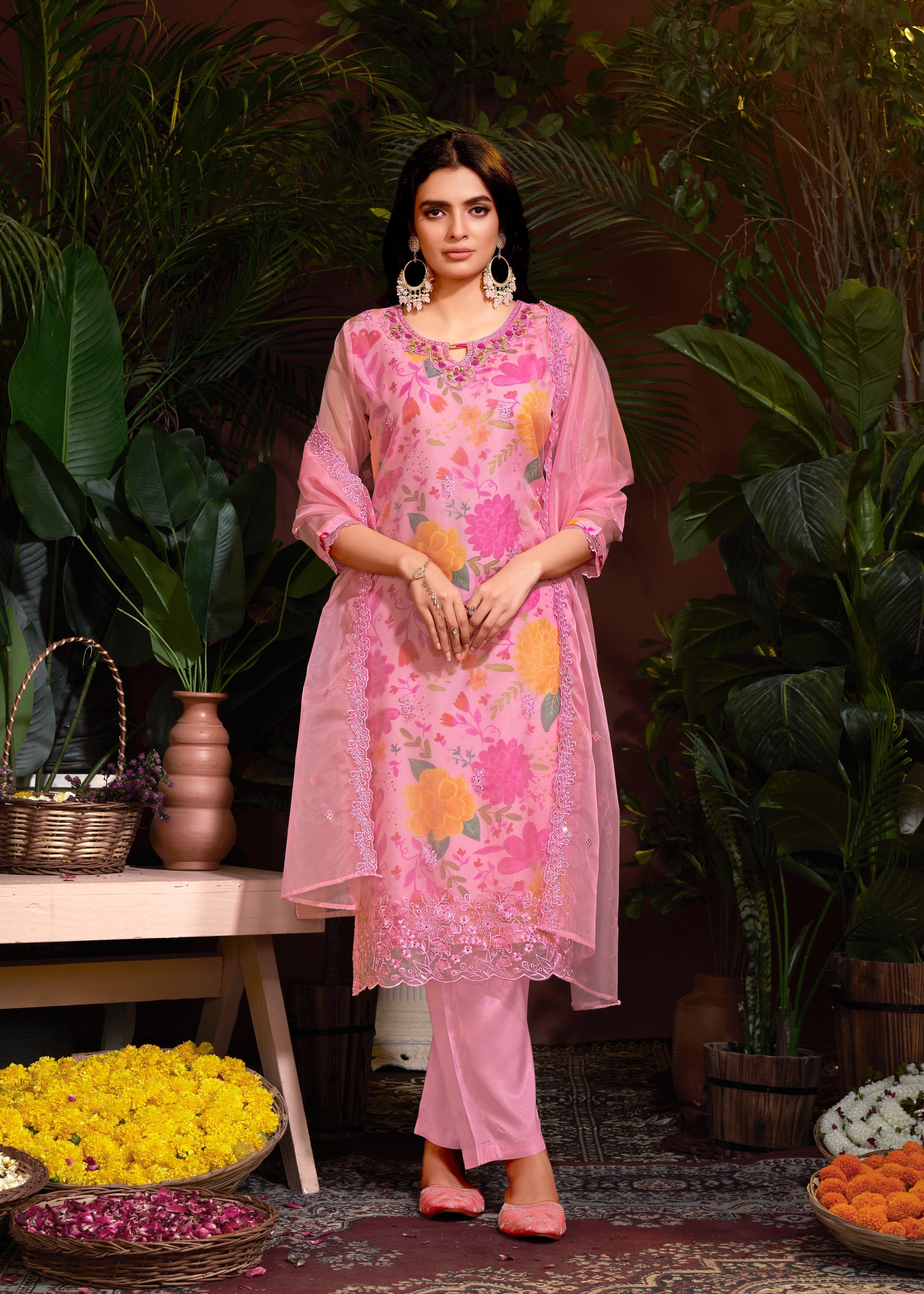 Pink Organza Digital Print Hand Salwar Suit With Pant Dupatta