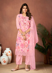 Pink Organza Digital Print Hand Salwar Suit With Pant Dupatta