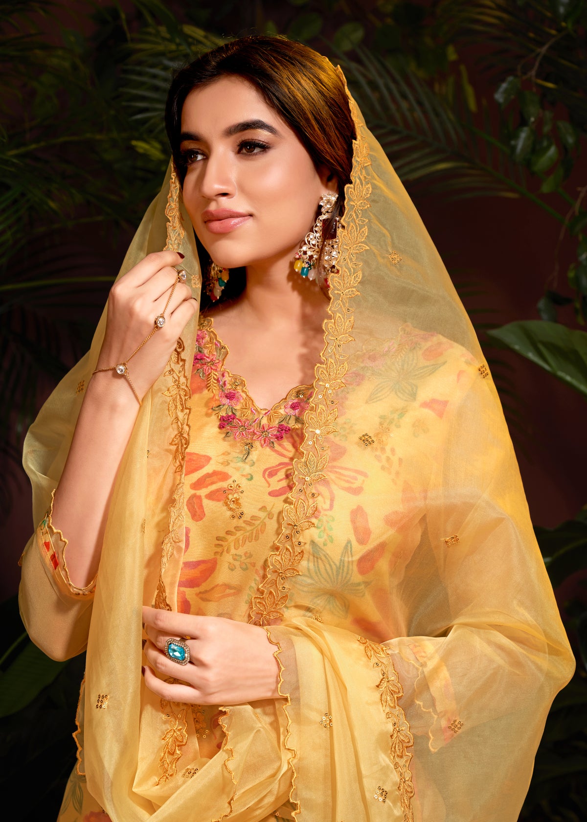 Mustard Organza Digital Print Hand Salwar Suit With Pant Dupatta