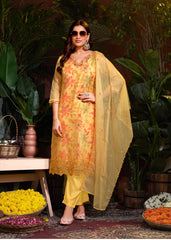 Mustard Organza Digital Print Hand Salwar Suit With Pant Dupatta