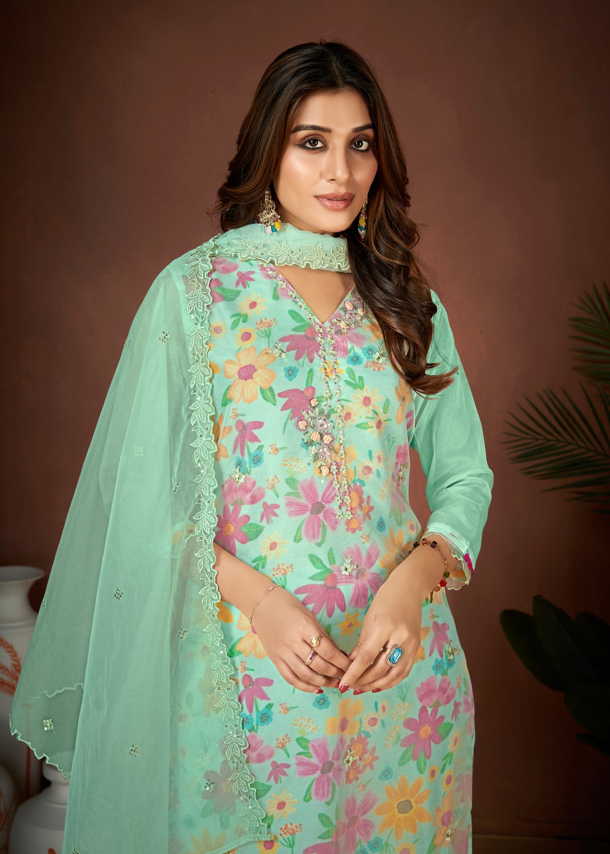 Sea Green Colored Organza Digital Print Hand Work  Salwar Suit With Pant Dupatta