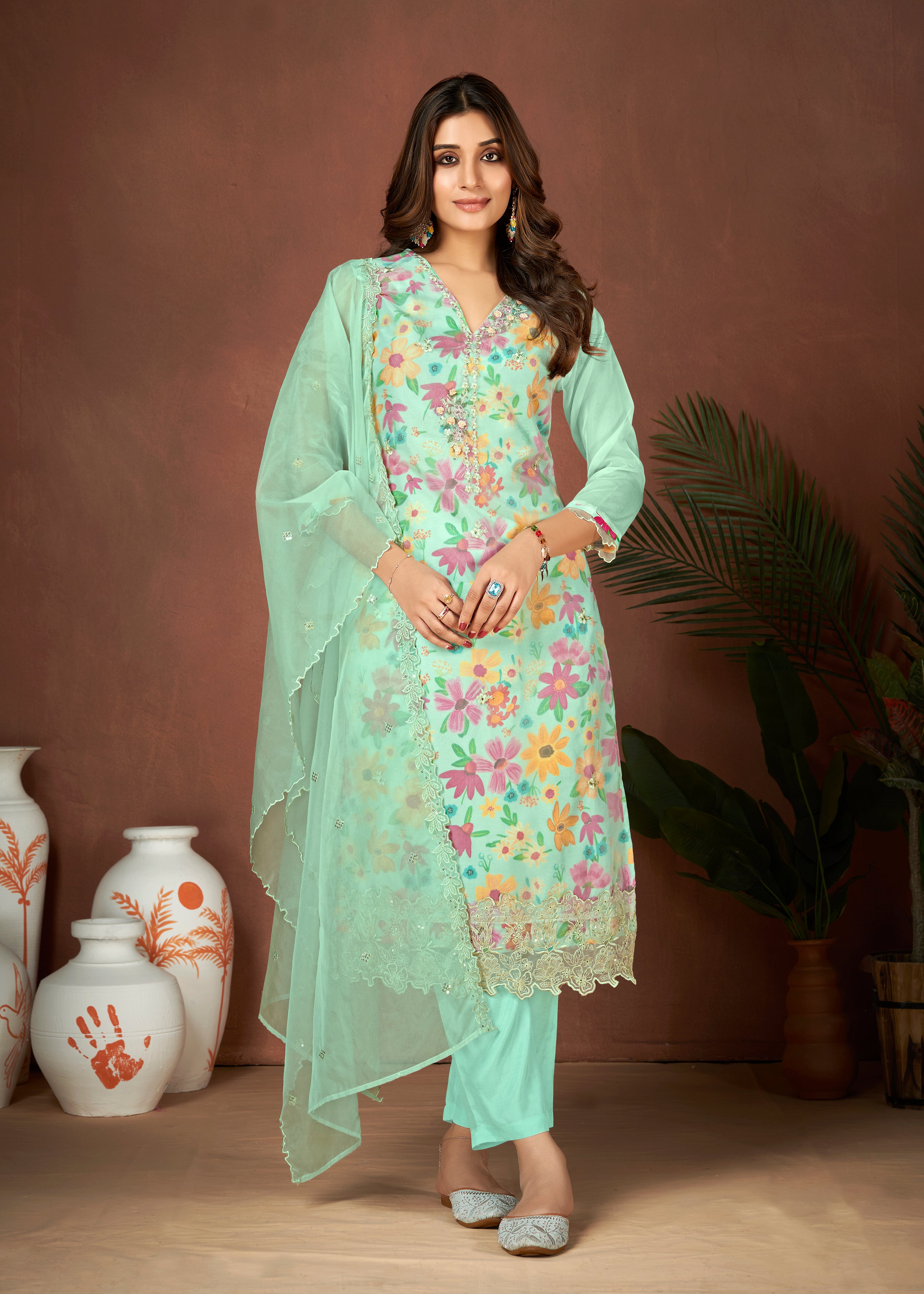 Sea Green Colored Organza Digital Print Hand Work  Salwar Suit With Pant Dupatta