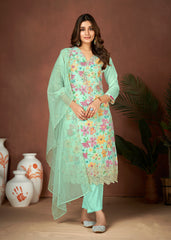 Sea Green Colored Organza Digital Print Hand Work  Salwar Suit With Pant Dupatta