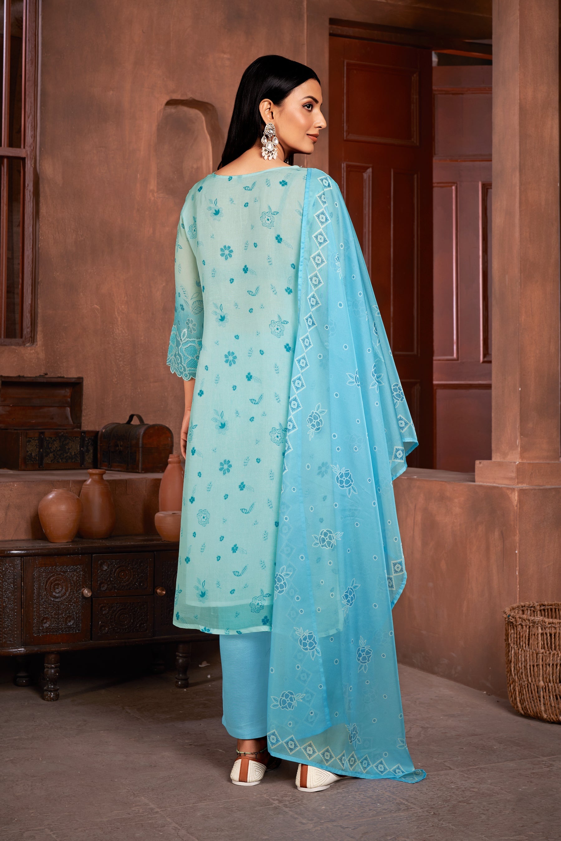 Blue Organza Printed Lace Salwar Suit With Pant Dupatta