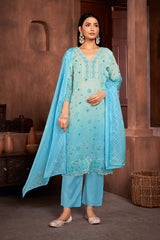 Blue Organza Printed Lace Salwar Suit With Pant Dupatta