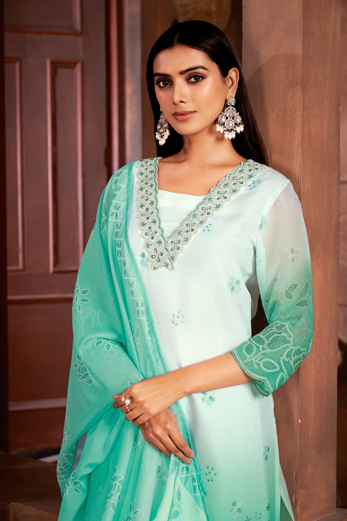 Sea Green Colored Organza Printed Lace Work  Salwar Suit With Pant Dupatta