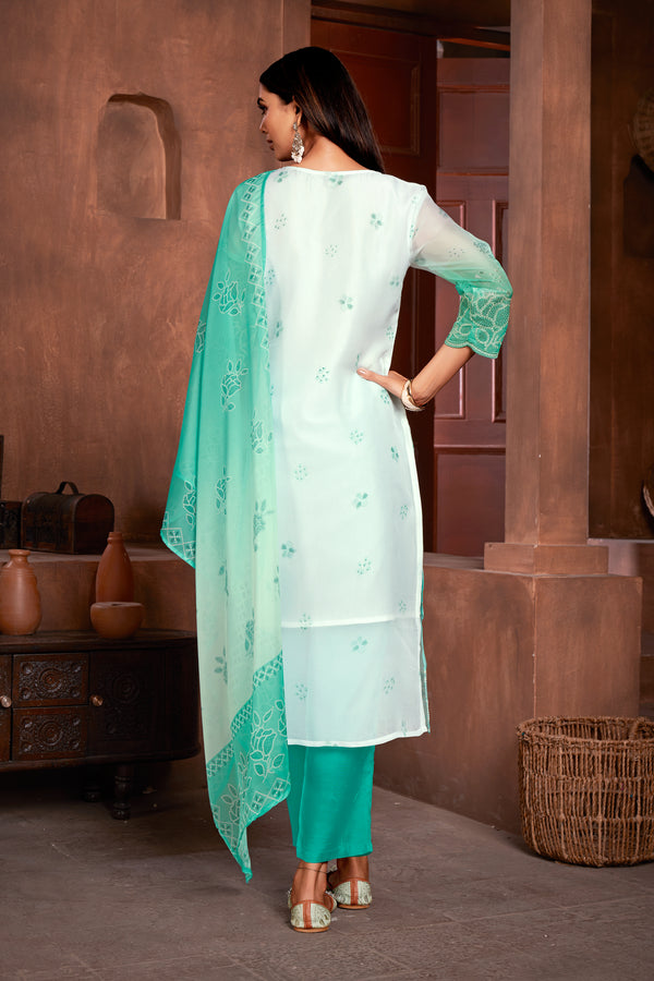 Sea Green Colored Organza Printed Lace Work  Salwar Suit With Pant Dupatta