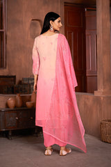 Pink Organza Printed Lace Salwar Suit With Pant Dupatta