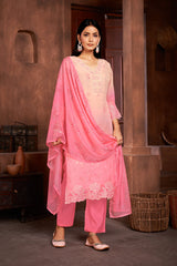 Pink Organza Printed Lace Salwar Suit With Pant Dupatta