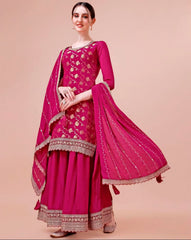 Pink Chinon Woven Embroidered Salwar Suit With Sharara Dupatta