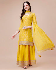 Yellow Chinon Woven Embroidered Salwar Suit With Sharara Dupatta