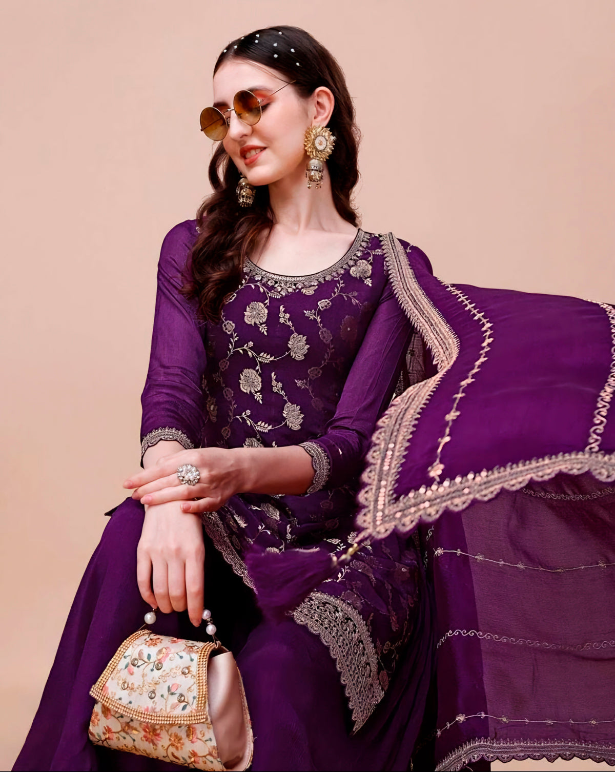 Lavender Chinon Woven Embroidered Salwar Suit With Sharara Dupatta